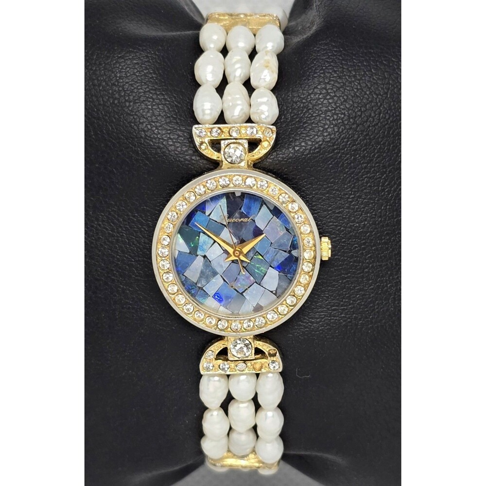 Vintage Lucoral Women's Watch Silver Tone Blue Mosaic Pearl Band 14